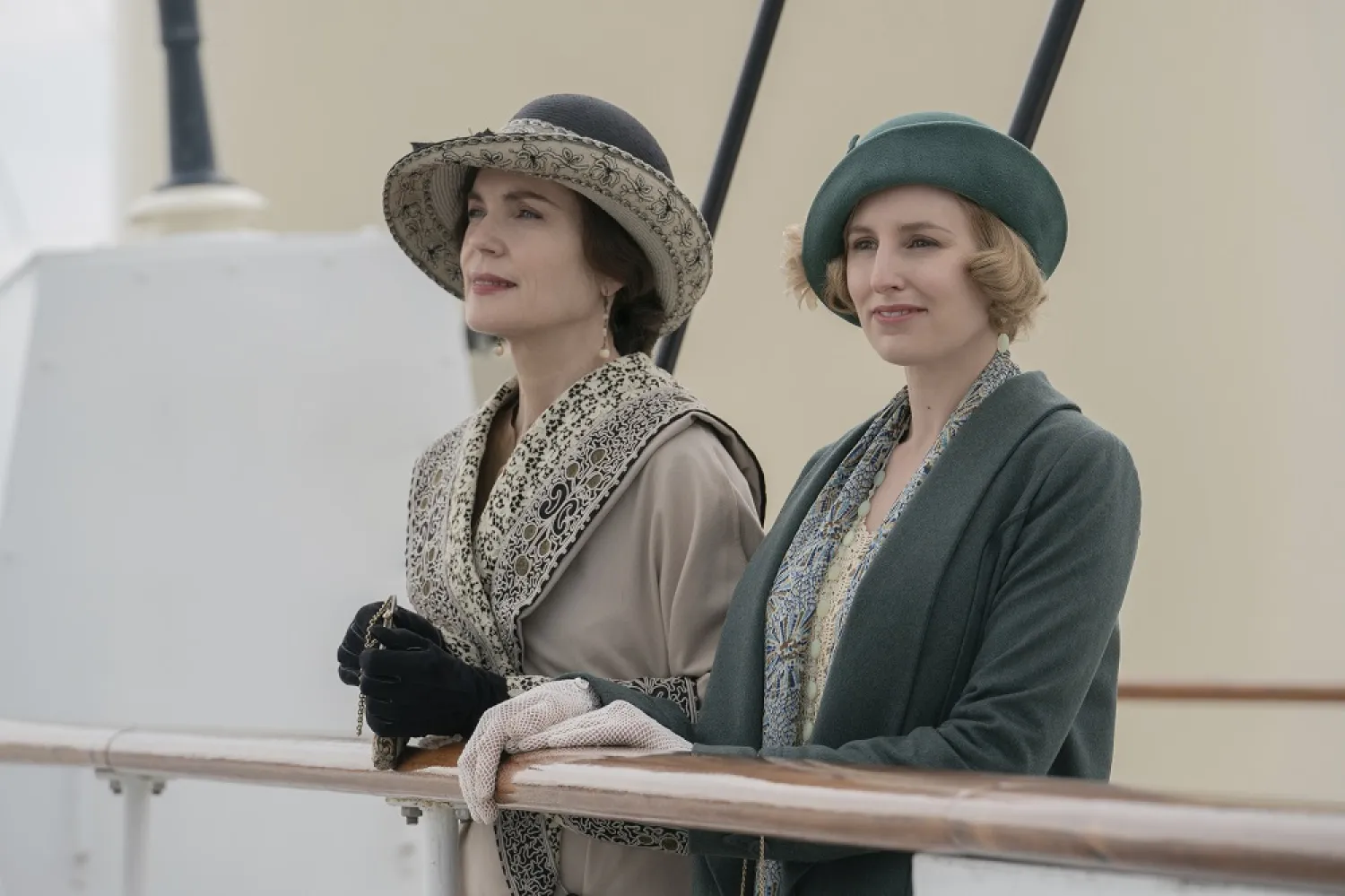 This image released by Focus Features shows Elizabeth McGovern, left, and Laura Carmichael in a scene from "Downton Abbey: A New Era." (Focus Features via AP)