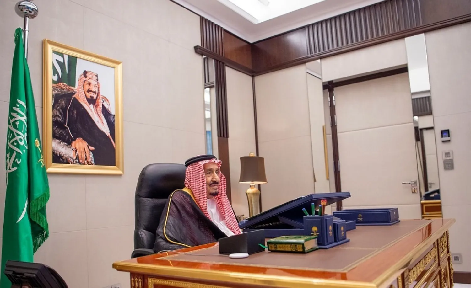 King Salman chairs the virtual cabinet meeting. (SPA)