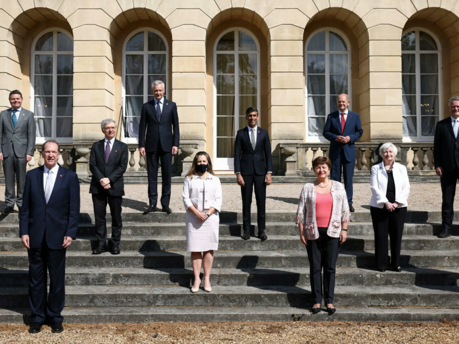 Finance ministers of G7 nations alongside other officials pose for a photo at Lancaster House in London on June 5, 2021. Henry Nicholls, AP
