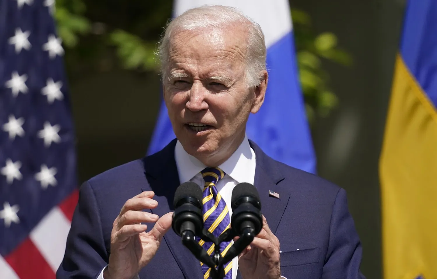 President Joe Biden accompanied by Swedish Prime Minister Magdalena Andersson and Finnish President Sauli Niinisto, speaks in the Rose Garden of the White House in Washington, Thursday, May 19, 2022. (AP)