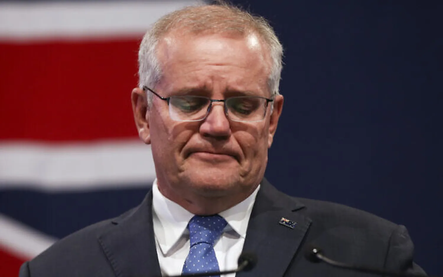 Australia's Prime Minister Scott Morrison concedes defeat in the national elections in Sydney on May 21, 2022. (AP Photo/Nazanin Tabatabaee)
