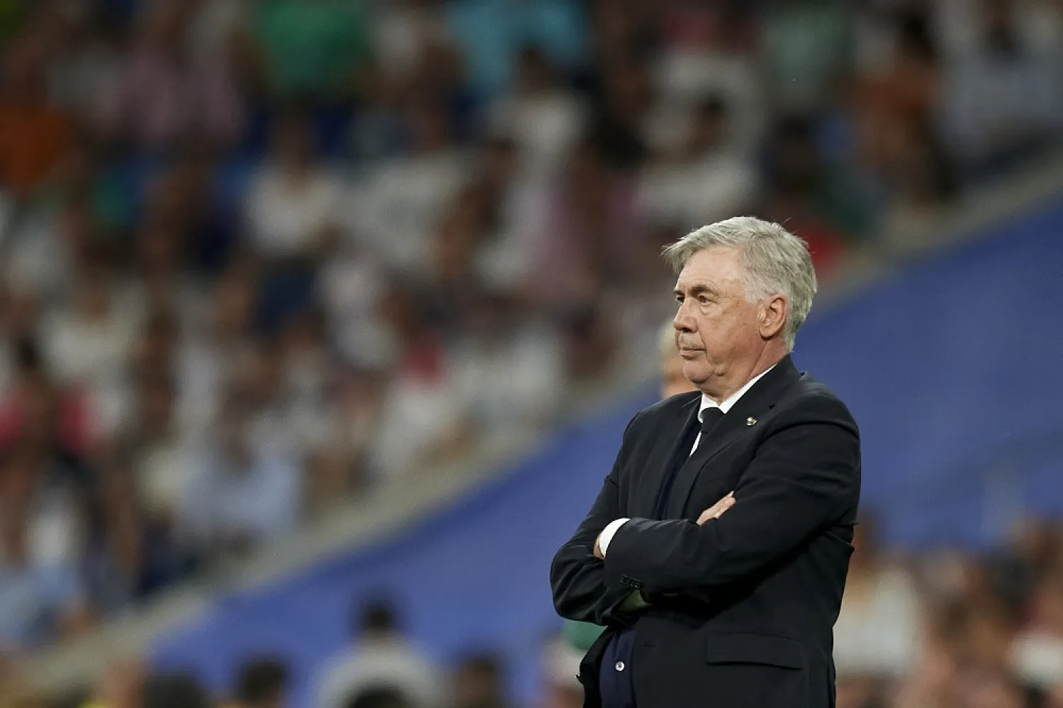 Real Madrid's head coach Carlo Ancelotti looks on during a Spanish La Liga match between Real Madrid and Betis at the Santiago Bernabeu stadium in Madrid, Spain, Friday, May 20, 2022. (AP)