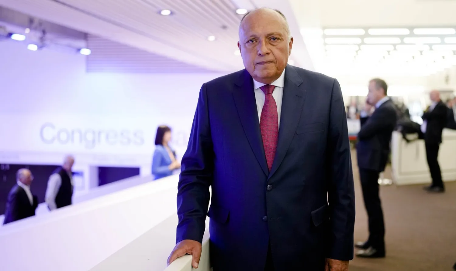Egyptian Minister of Foreign Affairs Sameh Shoukry poses for media after an interview with the Associated Press at the World Economic Forum in Davos, Switzerland, Monday, May 23, 2022. (AP)