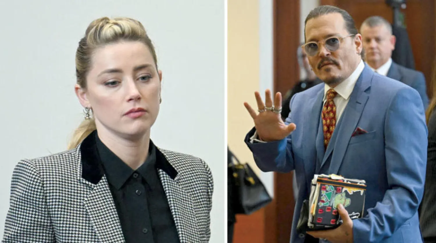 جوني ديب أثناء مغادرته قاعة المحكمة (أ.ف.ب)  -  الممثلة أمبير هيرد تقف في قاعة المحكمة (أ.ف.ب)