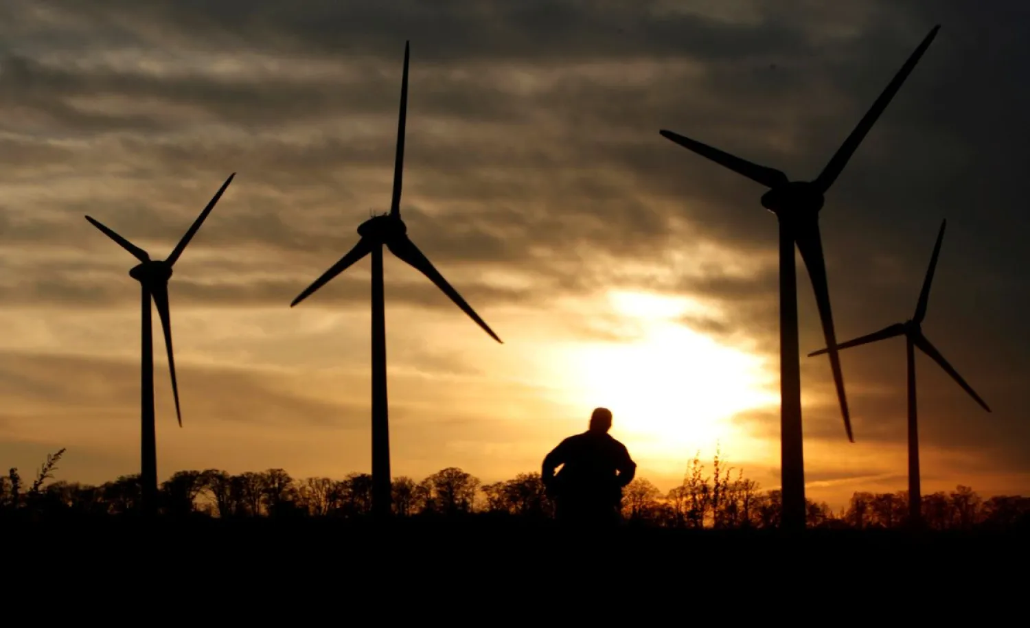 A man looks at 100-meter-tall wind turbines during sunset at the Electric Power Development Co., Ltd's Nunobiki Plateau Wind Farm in Koriyama, north of Tokyo, Japan, November 8, 2007. REUTERS/Toru Hanai

