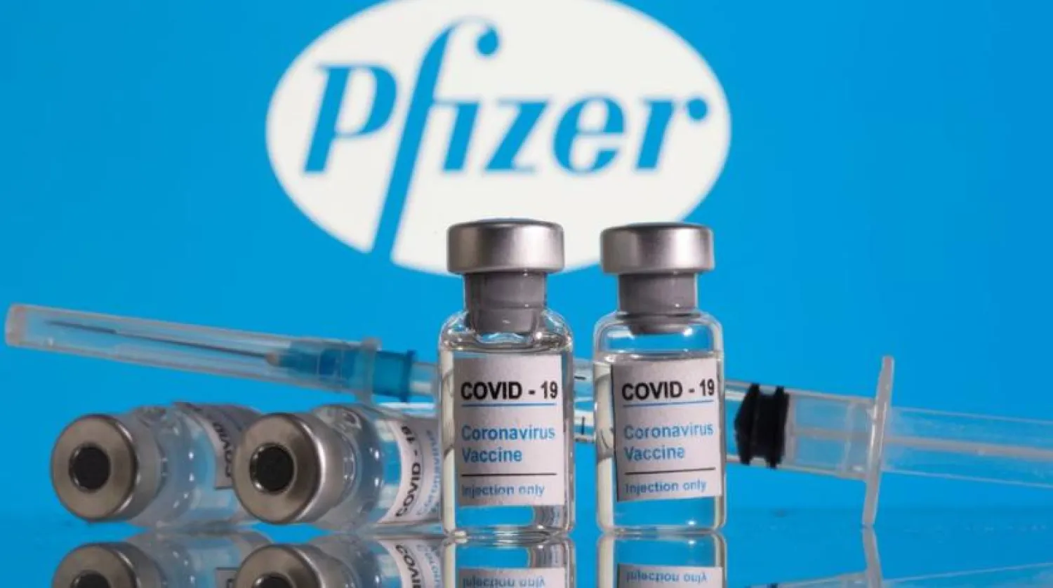 Vials labelled "COVID-19 Coronavirus Vaccine" and sryinge are seen in front of displayed Pfizer logo in this illustration taken, February 9, 2021. REUTERS/Dado Ruvic/Illustration
