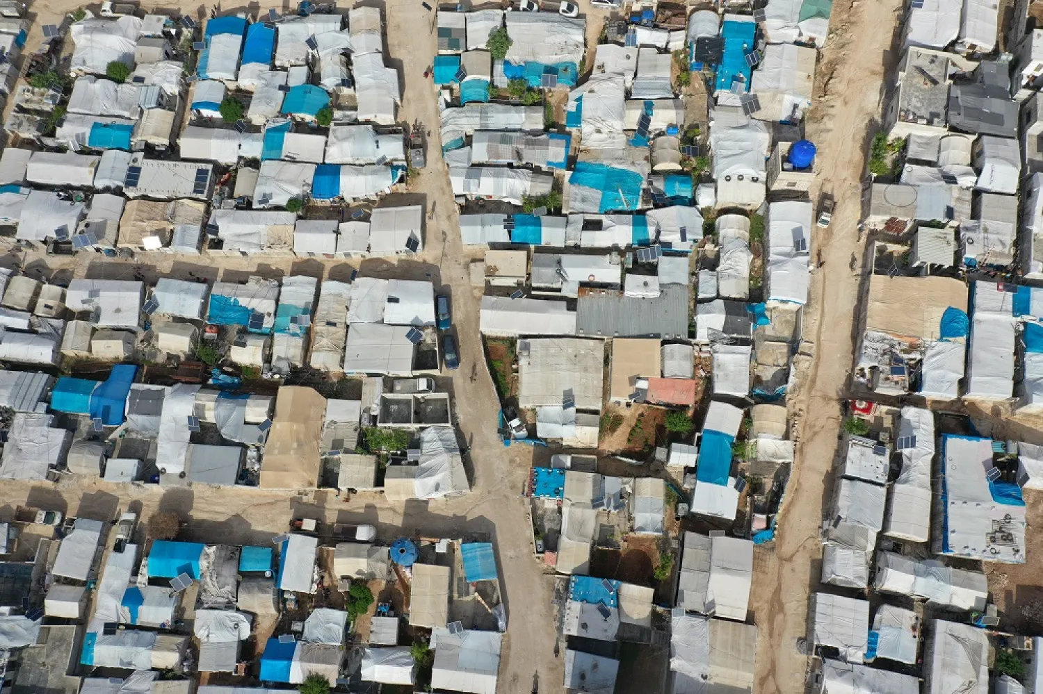 An aerial picture taken with a drone shows Qah refugee camp in Idlib, Syria, 07 May 2022 (issued 09 May 2022). (EPA)