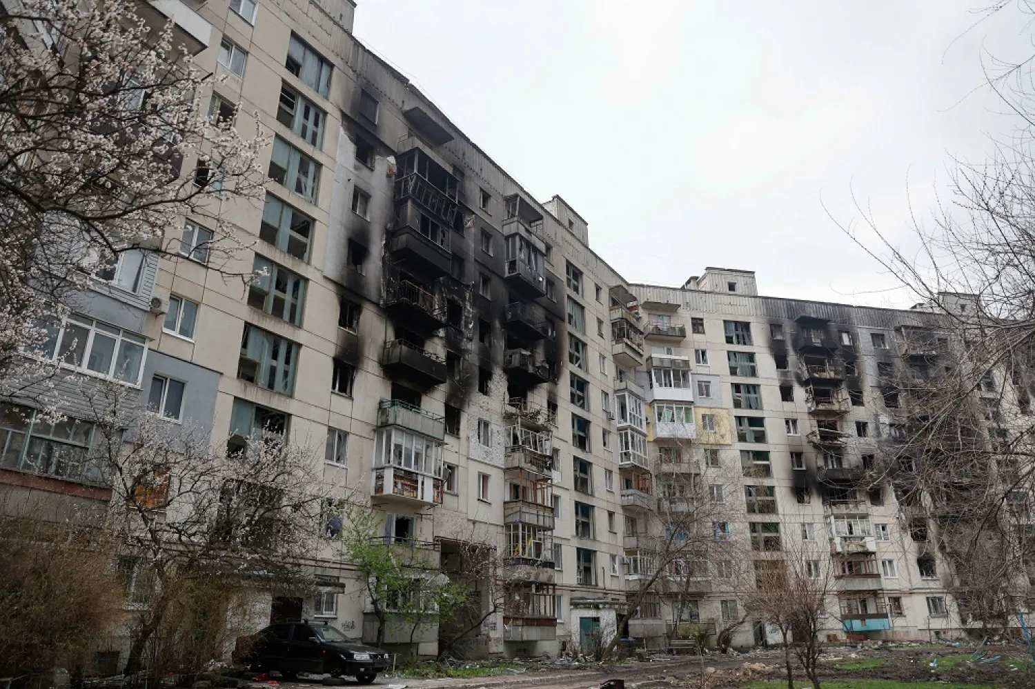 A view shows a residential building damaged by a military strike, as Russia's attack on Ukraine continues, in Sivierodonetsk, Luhansk region, Ukraine April 16, 2022. (Reuters)