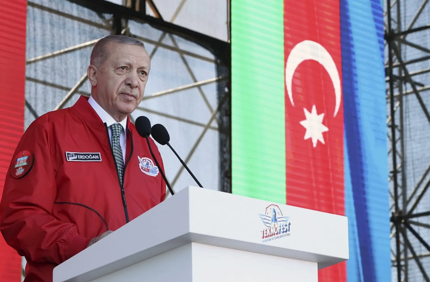 Turkey's President Recep Tayyip Erdogan speaks at a Turkish Technology and Aviation festival, held abroad for the first time, in Baku, Azerbaijan, Saturday, May 28, 2022. (Turkish Presidency via AP) 