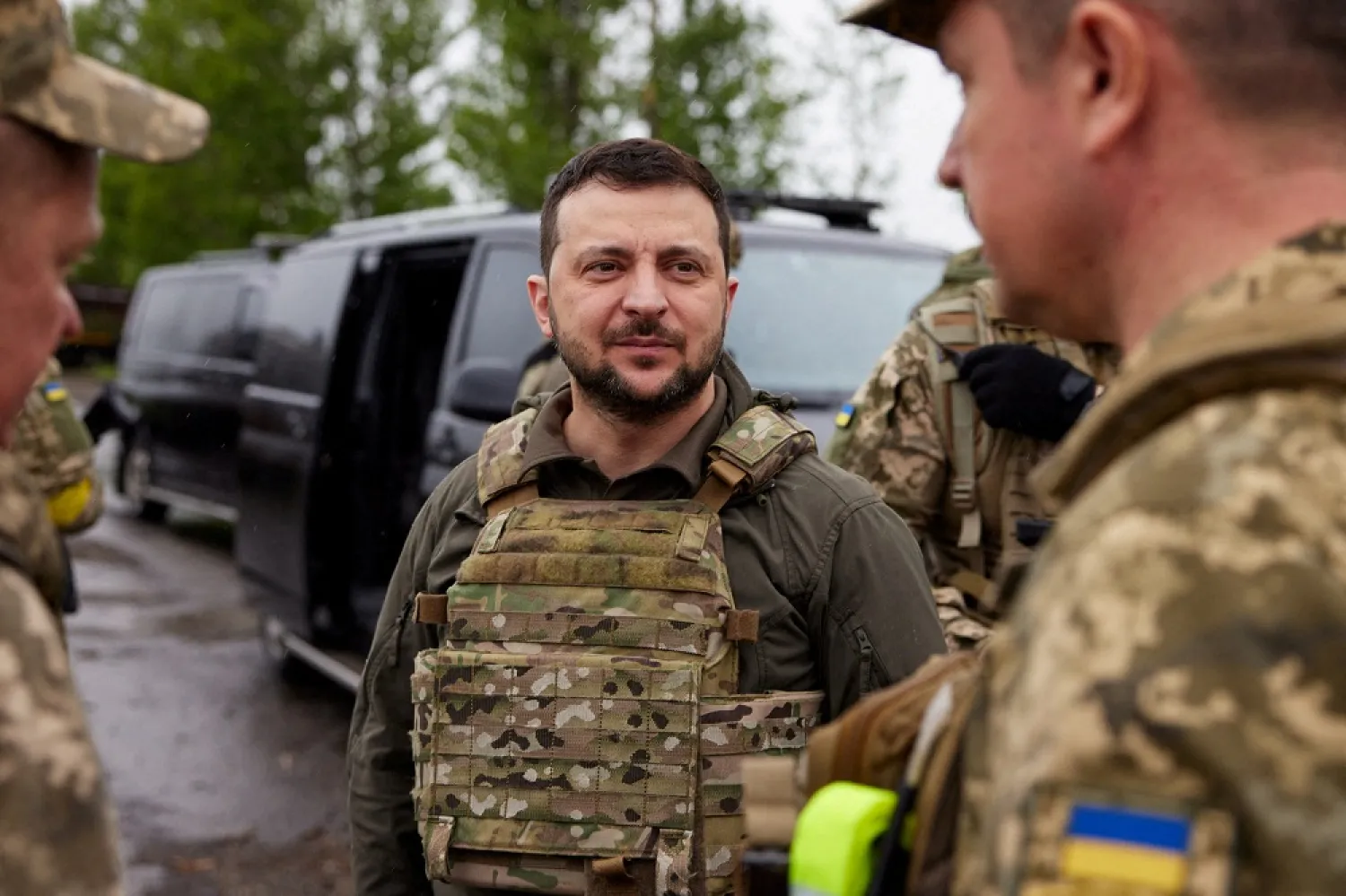 Ukraine's President Volodymyr Zelenskiy visits a place of a fight with Russian troops during Russia's invasion to Ukraine, in Kharkiv region, Ukraine May 29, 2022. (Ukrainian Presidential Press Service/Handout via Reuters)