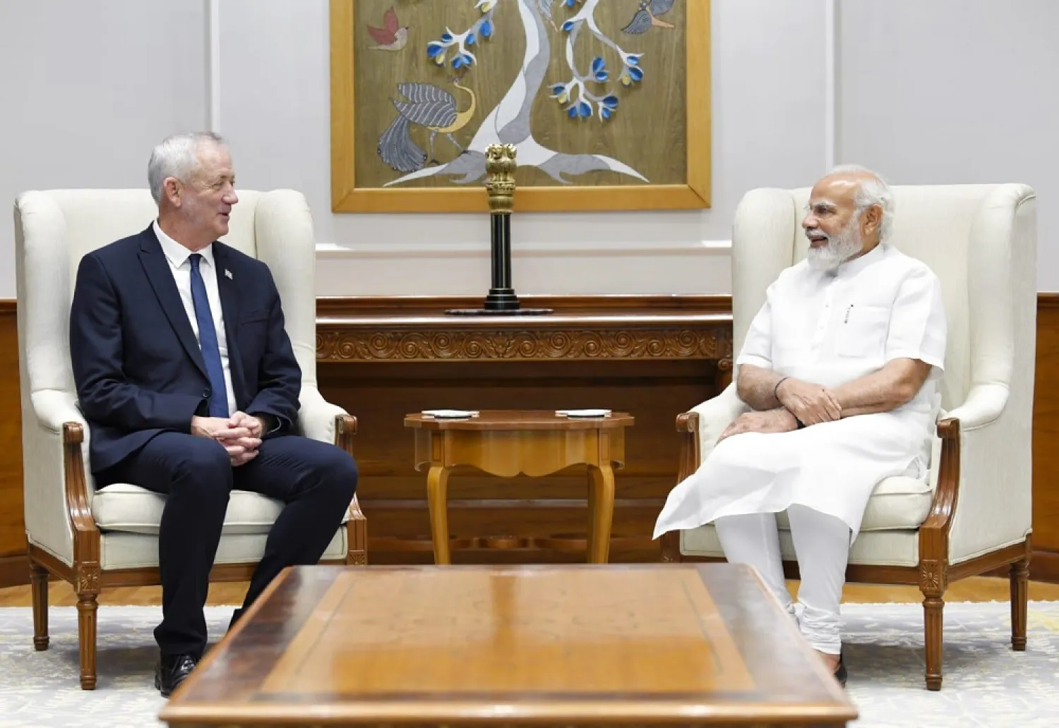 02 June 2022, India, New Delhi: Indian Prime Minister Narendra Modi (L) meets with Israeli Defense Minister Benny Gantz during his official visit to India. (Virender Singh/GPO/dpa)