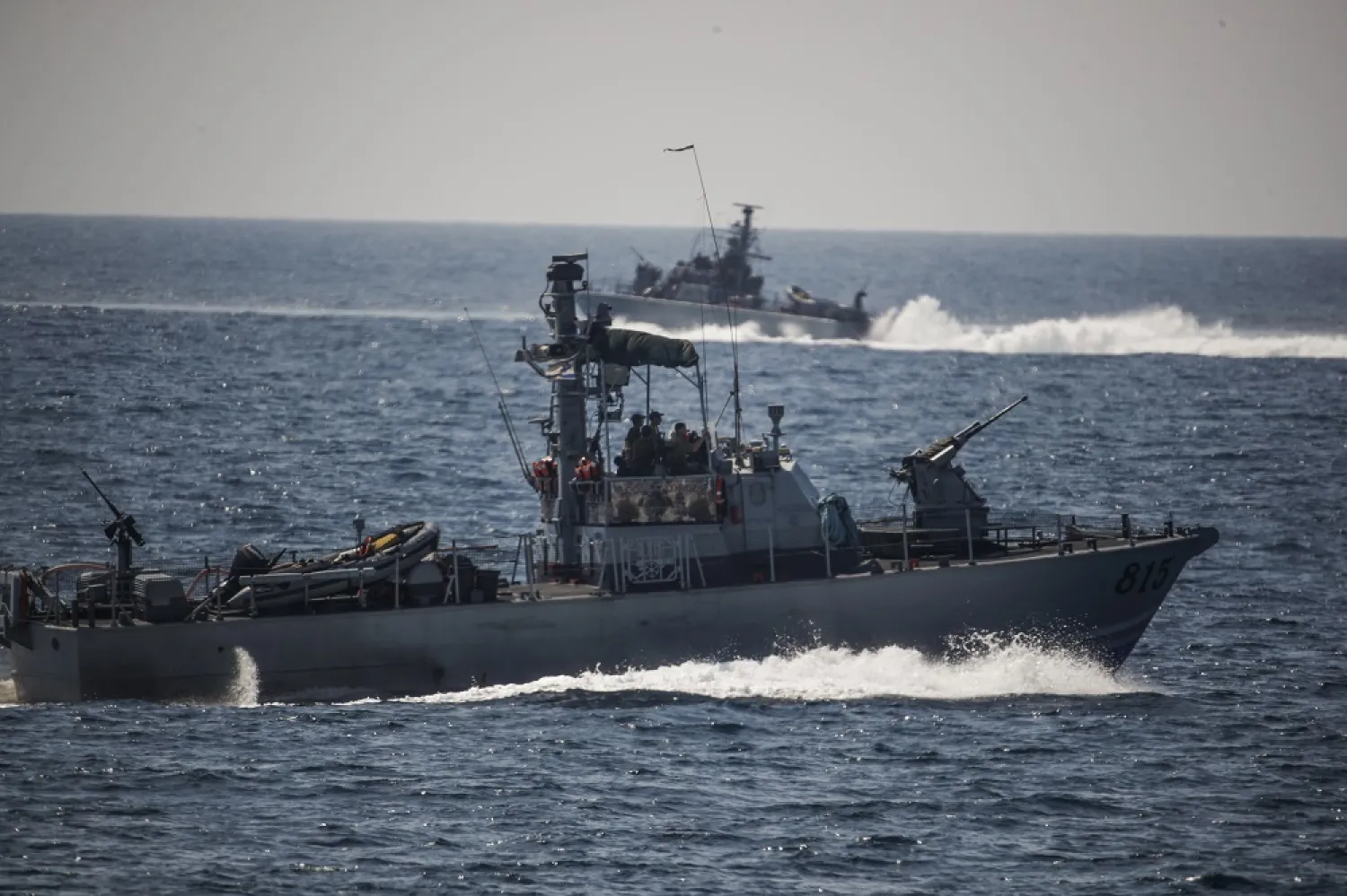 Israeli navy vessels guards at the Mediterranean sea next to Rosh Hanikra, near Haifa, at the Israel-Lebanon border, 06 June 2022. (EPA)