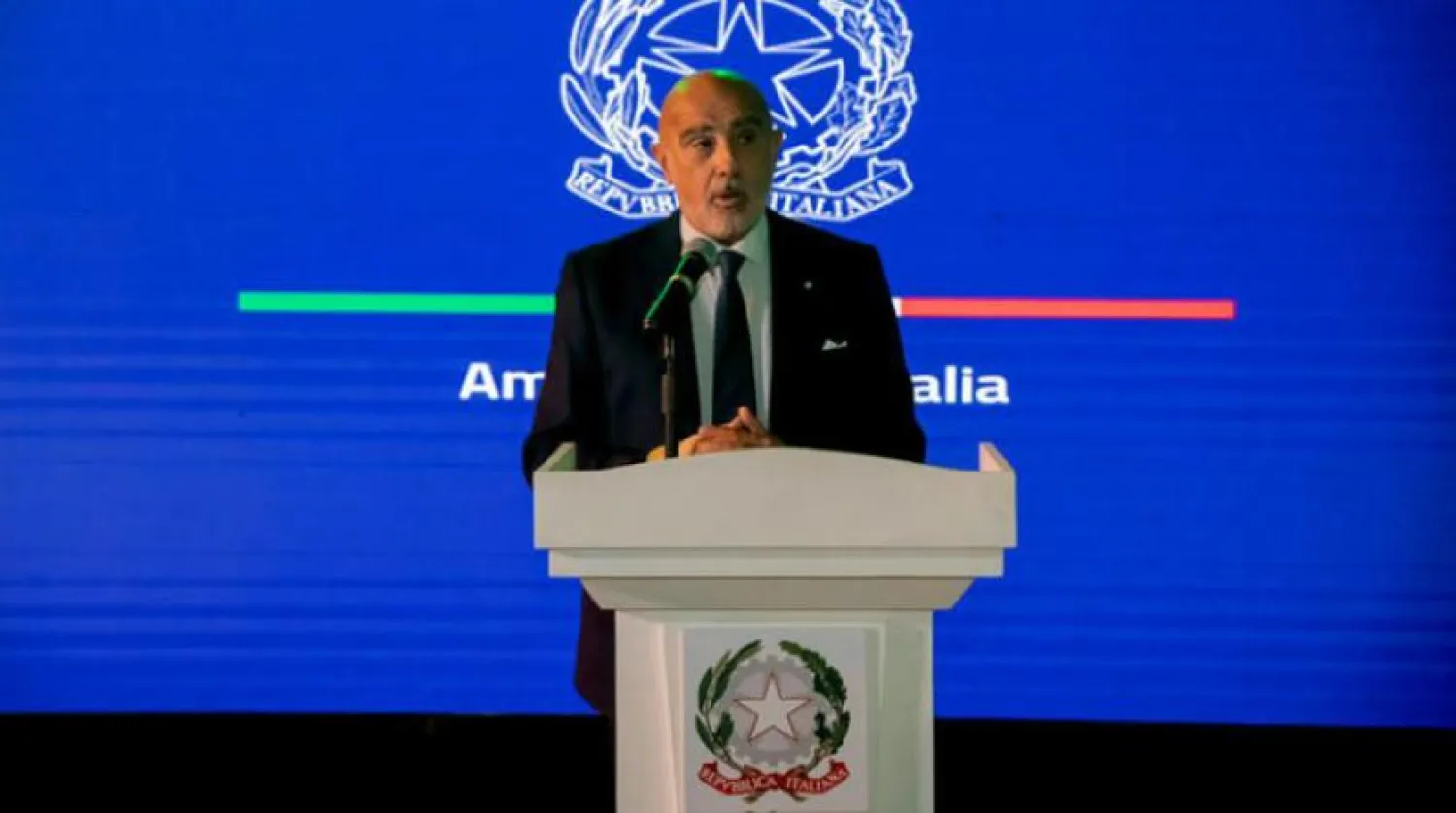Italian Ambassador to Saudi Arabia Roberto Cantone addresses the embassy’s celebration of Italy’s National Day in Riyadh. (Asharq Al-Awsat)