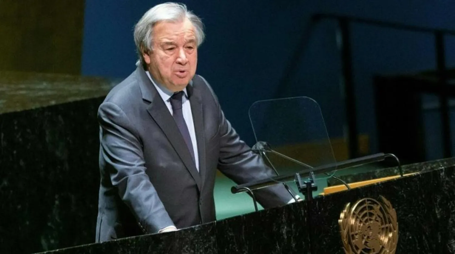 UN Secretary-General Antonio Guterres speaks on the Russia-Ukraine conflict at the General Assembly emergency special session in New York, on February 28, 2022. (AFP)

