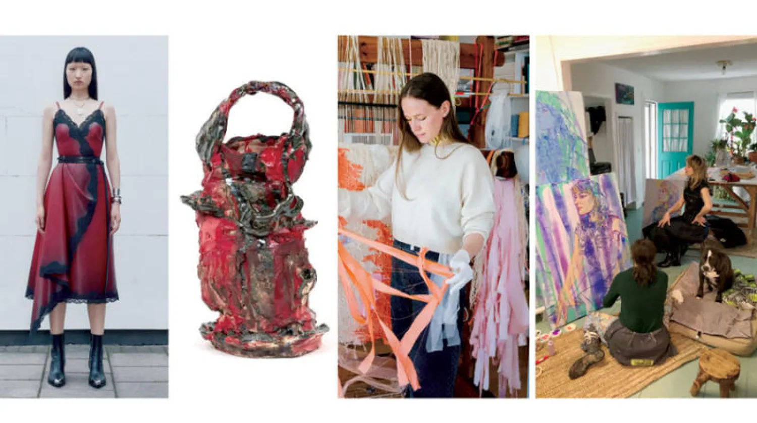 دعت المصممة سارة بيرتون 12 فنانة لترجمة أحد التصاميم من تشكيلتها لخريف وشتاء 2022 - مستدامة كما ألهمها فستان بتنورة مستديرة - الفنانة الأميركية جيني جيون لي استلهمت  القطعة الخزفية من هذا الفستان الأحمر من الجلد المُزين بحواشٍ من الدانتيل الناعم
النحاتة التشيلية مارسيلا كوريا استوحت هذه المنحوتات من أحد الفساتين في المعرض
