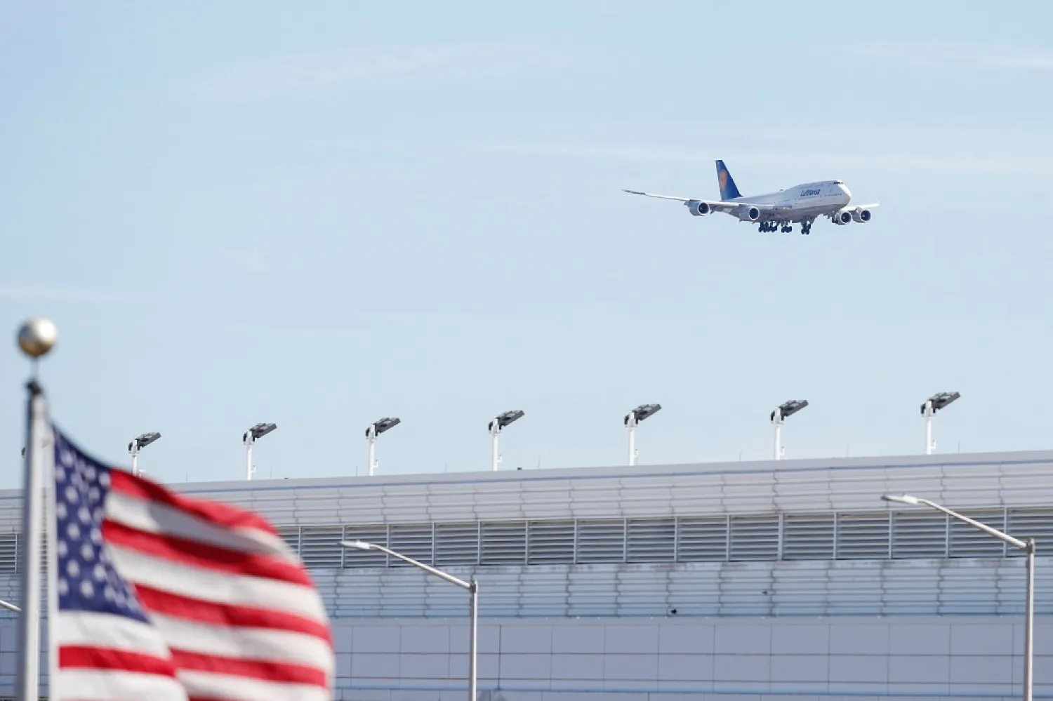 In this file photo taken on March 13, 2020, Lufthansa Airlines Boeing 747-8 lands at O'Hare International Airport in Chicago, Illinois. (AFP)