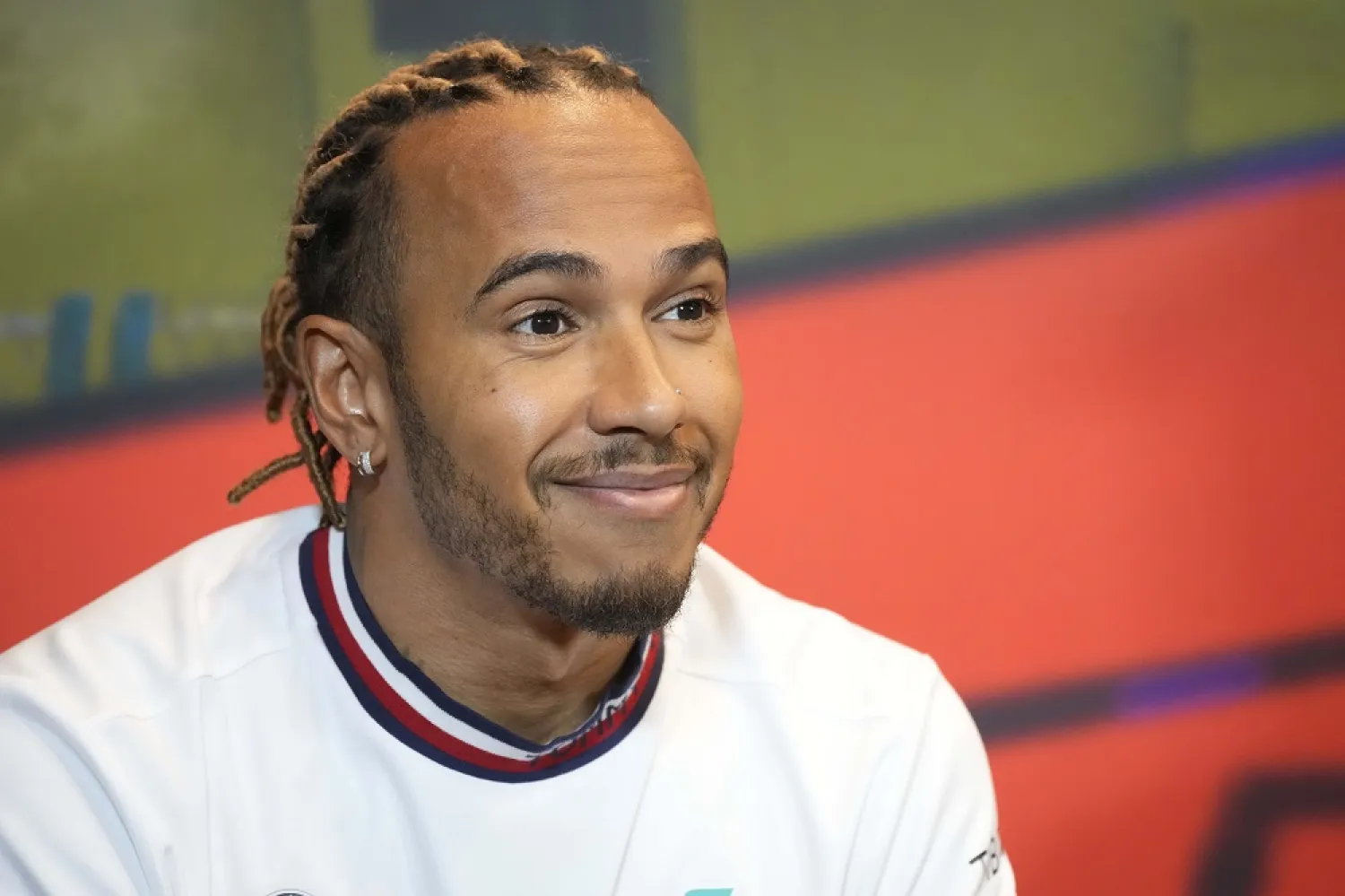 Mercedes driver Lewis Hamilton of Britain attends a news conference at the Baku circuit, in Baku, Azerbaijan, Friday, June 10, 2022. (AP) 