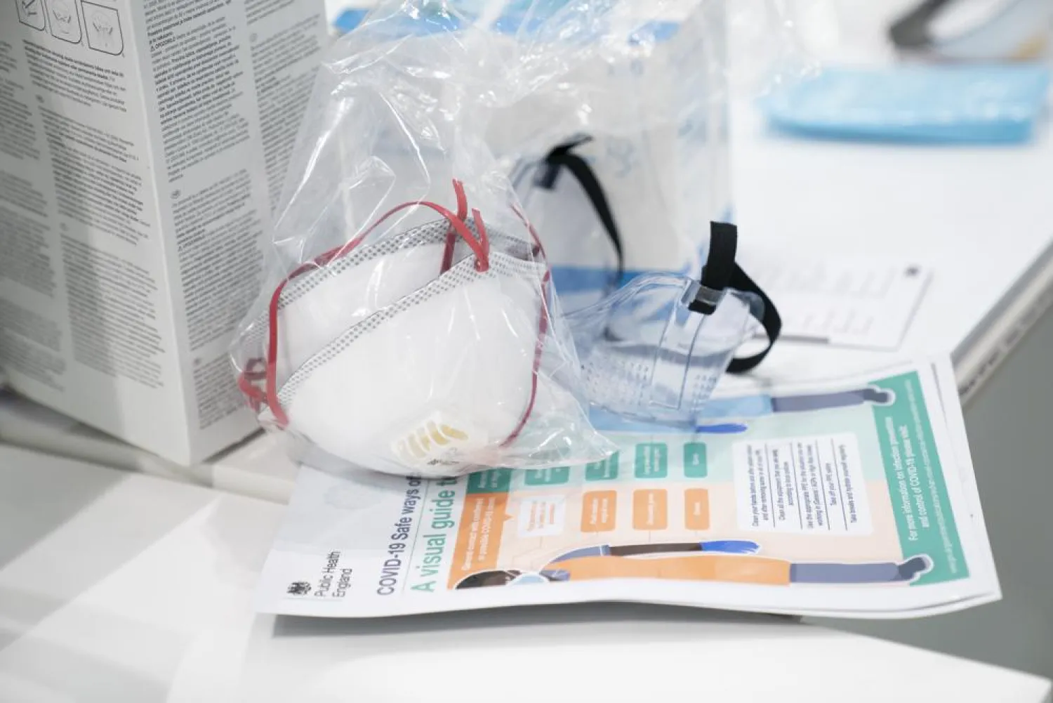 In this Thursday, April 16, 2020 photo, a view of masks and goggles, part of PPE, personal protective equipment, to avoid being infected or transmitting coronavirus, at the Nightingale Hospital North West set up in the Manchester Central Convention Complex in Manchester, northern England. (AP)