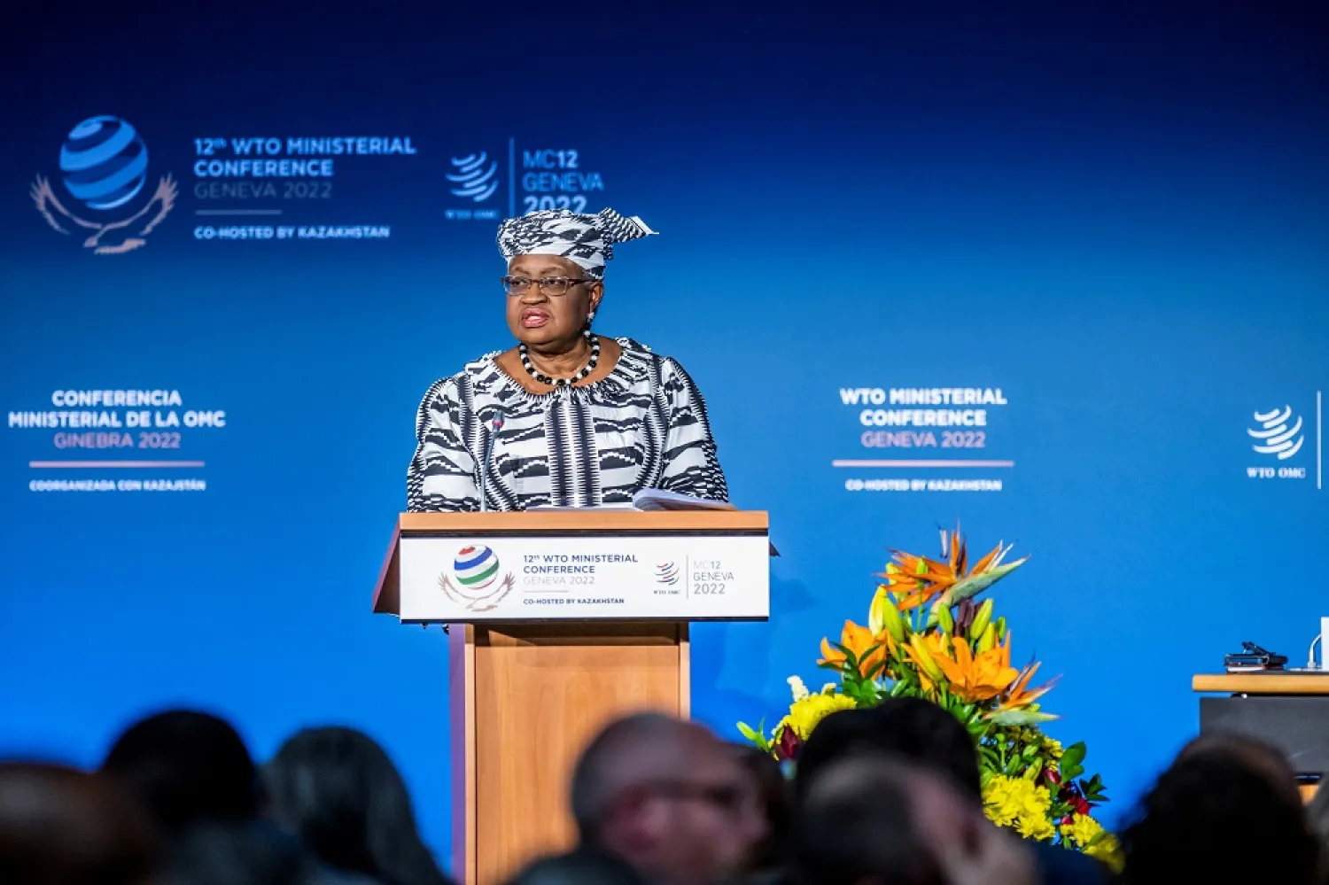 Director-General of the World Trade Organization (WTO) Ngozi Okonjo-Iweala speaks at the opening ceremony of the 12th Ministerial Conference (MC12), at the headquarters of the World Trade Organization, in Geneva, Switzerland, June 12, 2022. (Reuters)