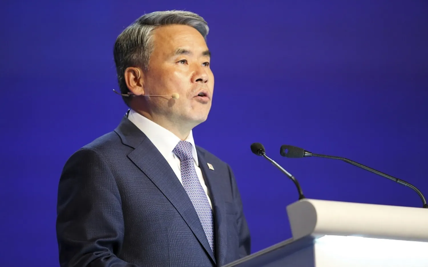 Republic of Korea's Defense Minister Lee Jong-sup speaks at a plenary session during the 19th International Institute for Strategic Studies (IISS) Shangri-la Dialogue, an annual defense and security forum in Asia, in Singapore, Sunday, June 12, 2022. (AP) 