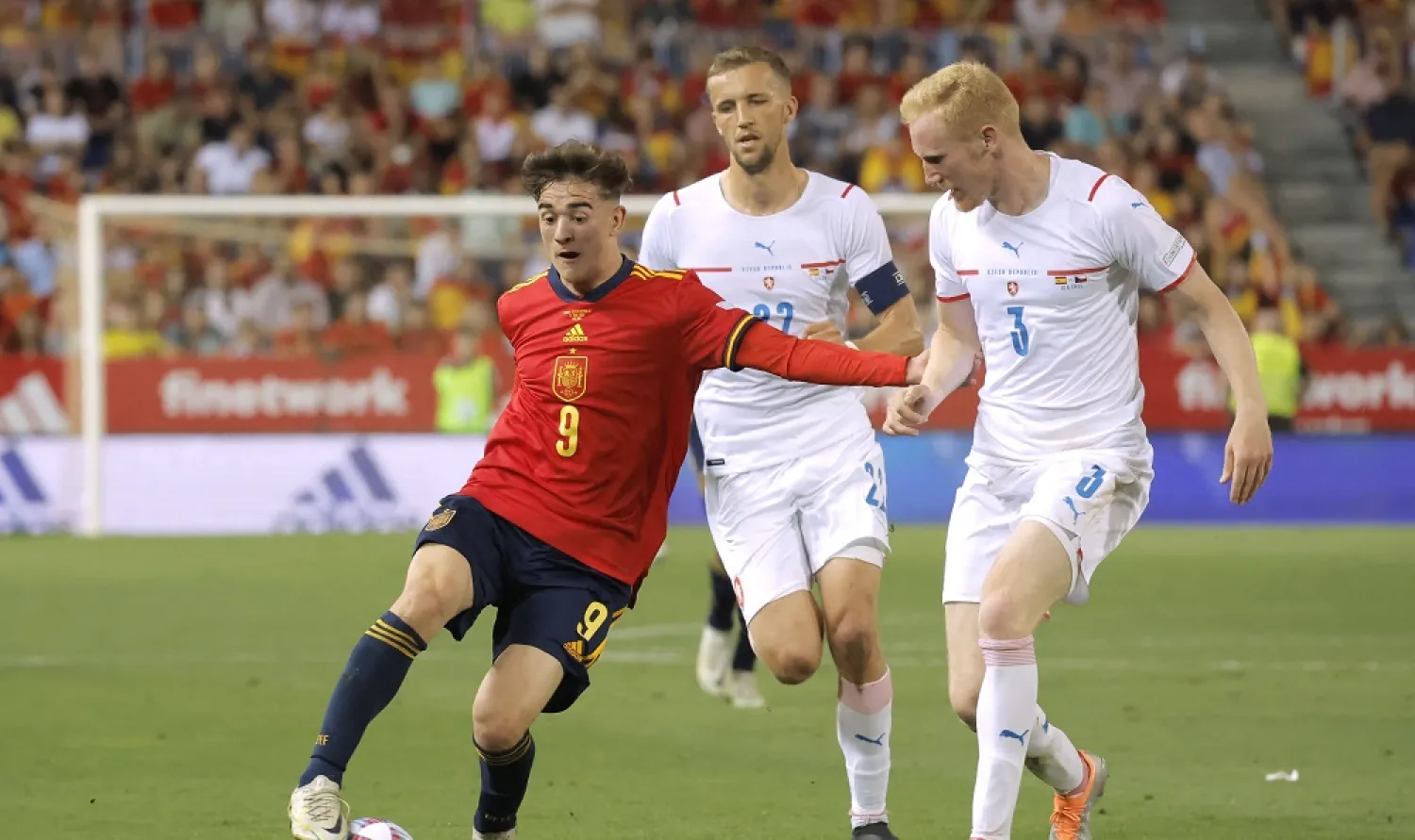 Football - UEFA Nations League - Group B - Spain v Czech Republic - La Rosaleda Stadium, Malaga, Spain - June 12, 2022 Spain's Gavi in action with Czech Republic's Vaclav Jemelka. (Reuters)