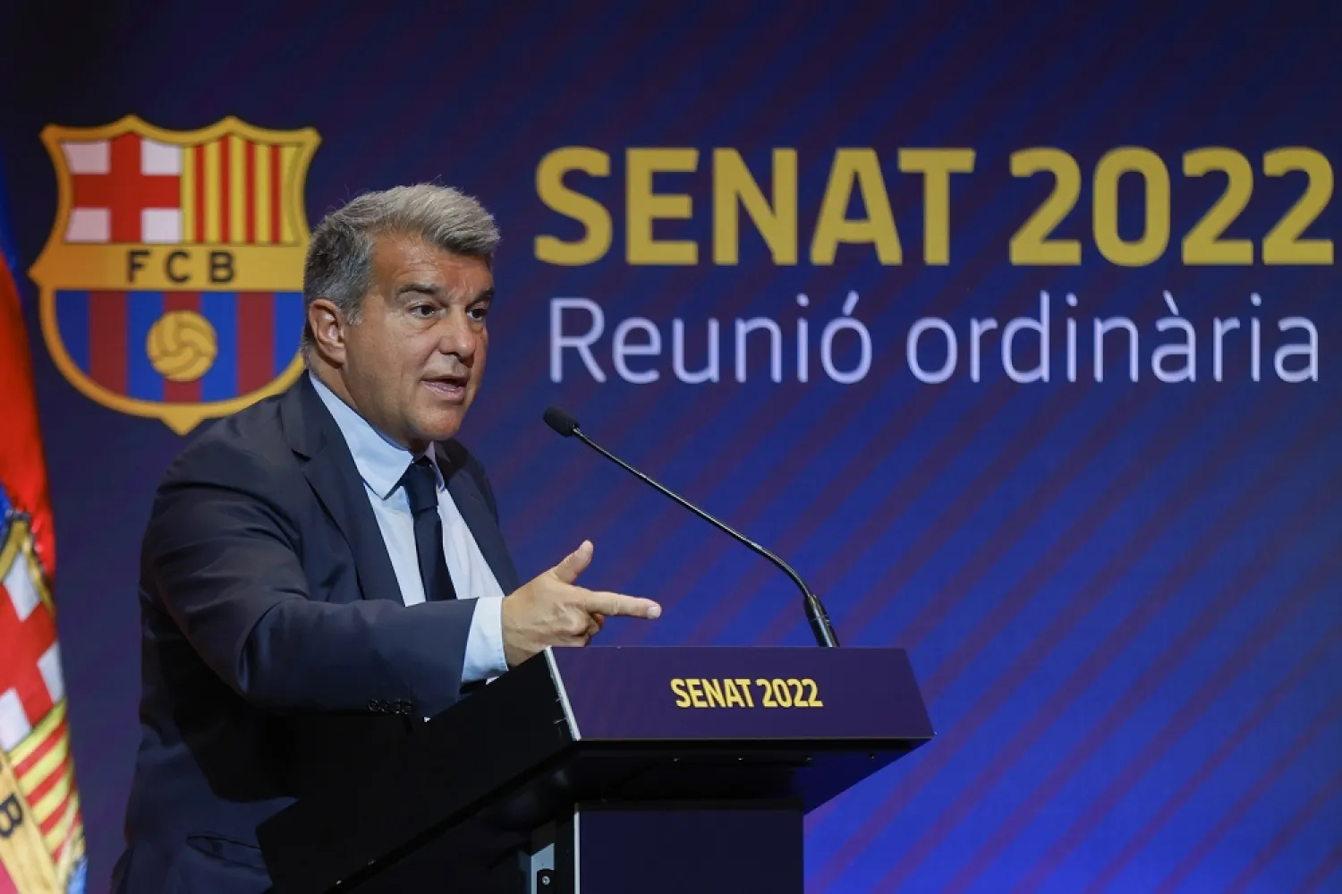 FC Barcelona's president Joan Laporta reports about the economic situation of the club during an ordinary meeting of the FC Barcelona senate held in Barcelona, Catalonia, Spain, 08 June 2022. (EPA)
