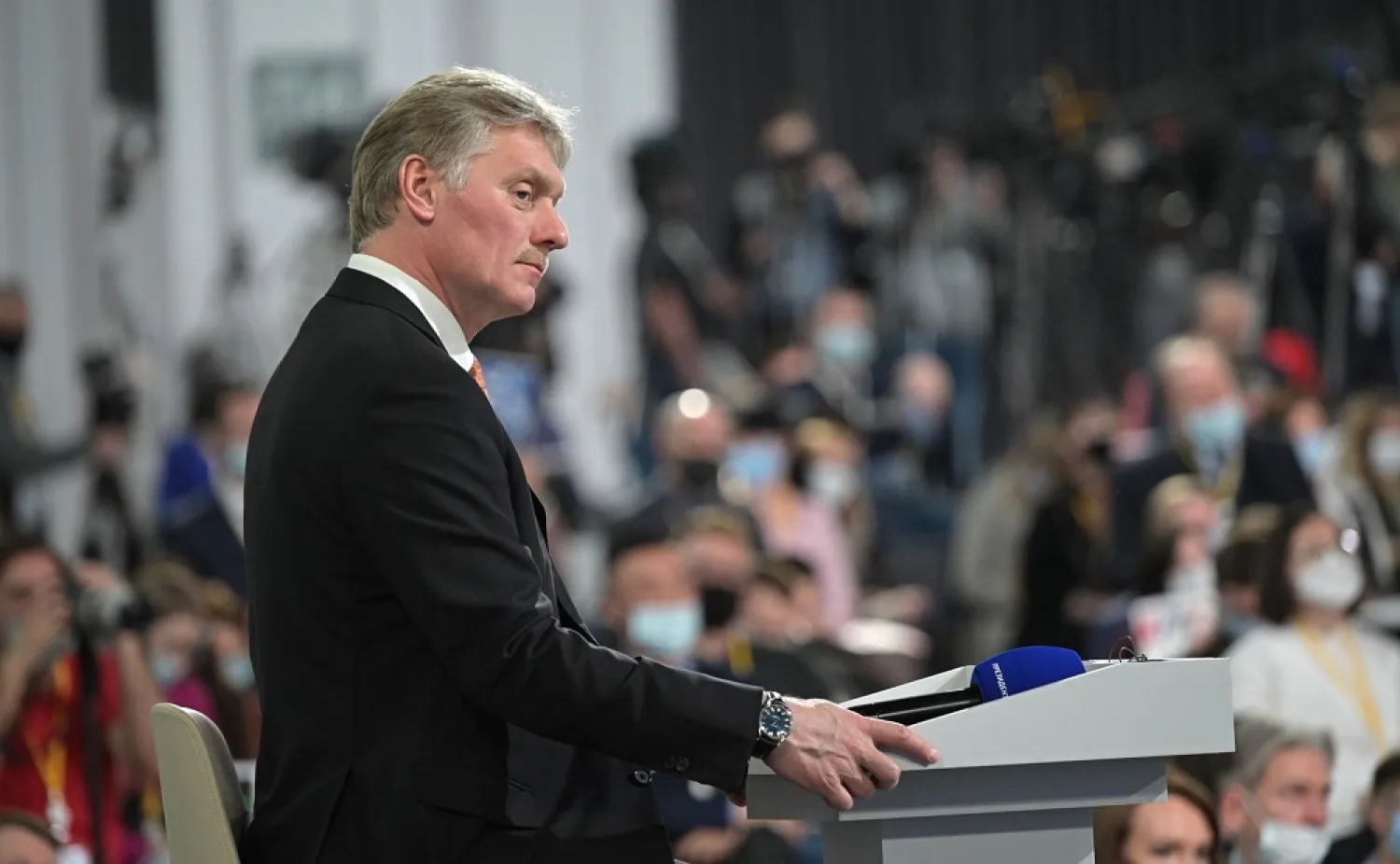 23 December 2021, Russia, Moscow: Kremlin spokesman Dmitry Peskov, attends the annual End-of-year press conference of Russian President Vladimir Putin. (Kremlin/dpa)