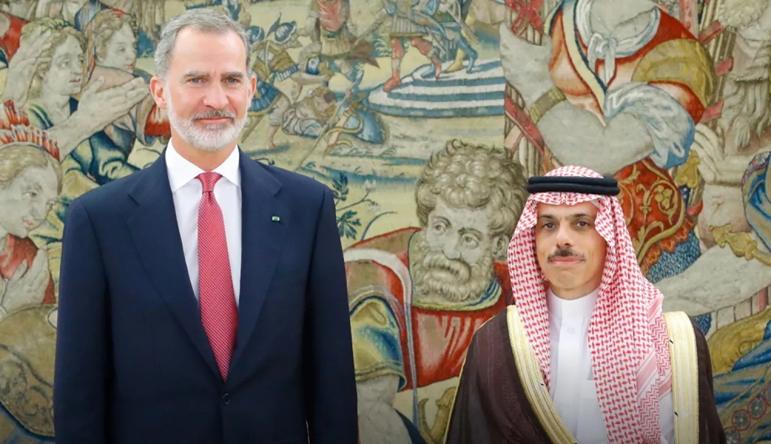 King Felipe VI of Spain meets with Saudi FM Prince Faisal bin Farhan bin Abdullah in Madrid. (Saudi Foreign Ministry)