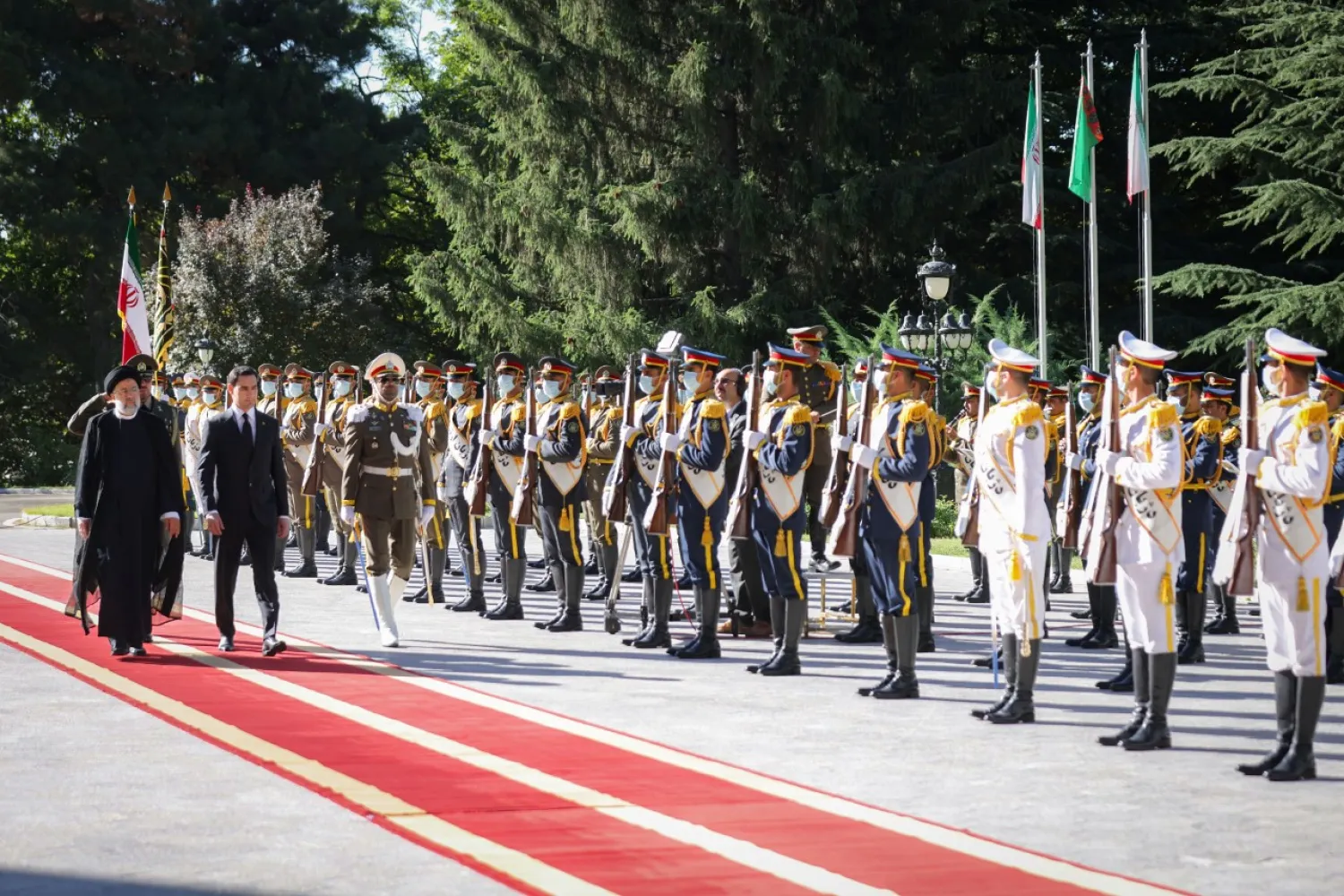 Iranian President officially welcomed his Turkmen counterpart Serdar Berdimuhamedow at Sadabad Historical-Cultural Complex on Wednesday (Iranian government)
