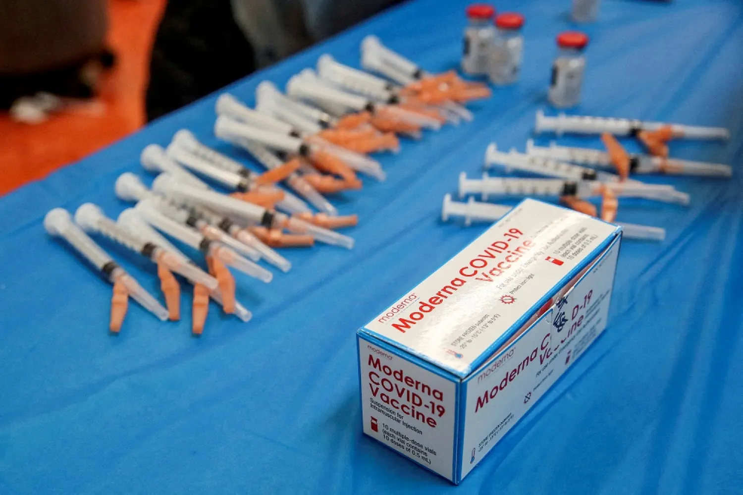 The Moderna COVID-19 vaccine sits on the table at Trinity United Church of Christ in Chicago, Illinois, US, February 13, 2021. (Reuters)
