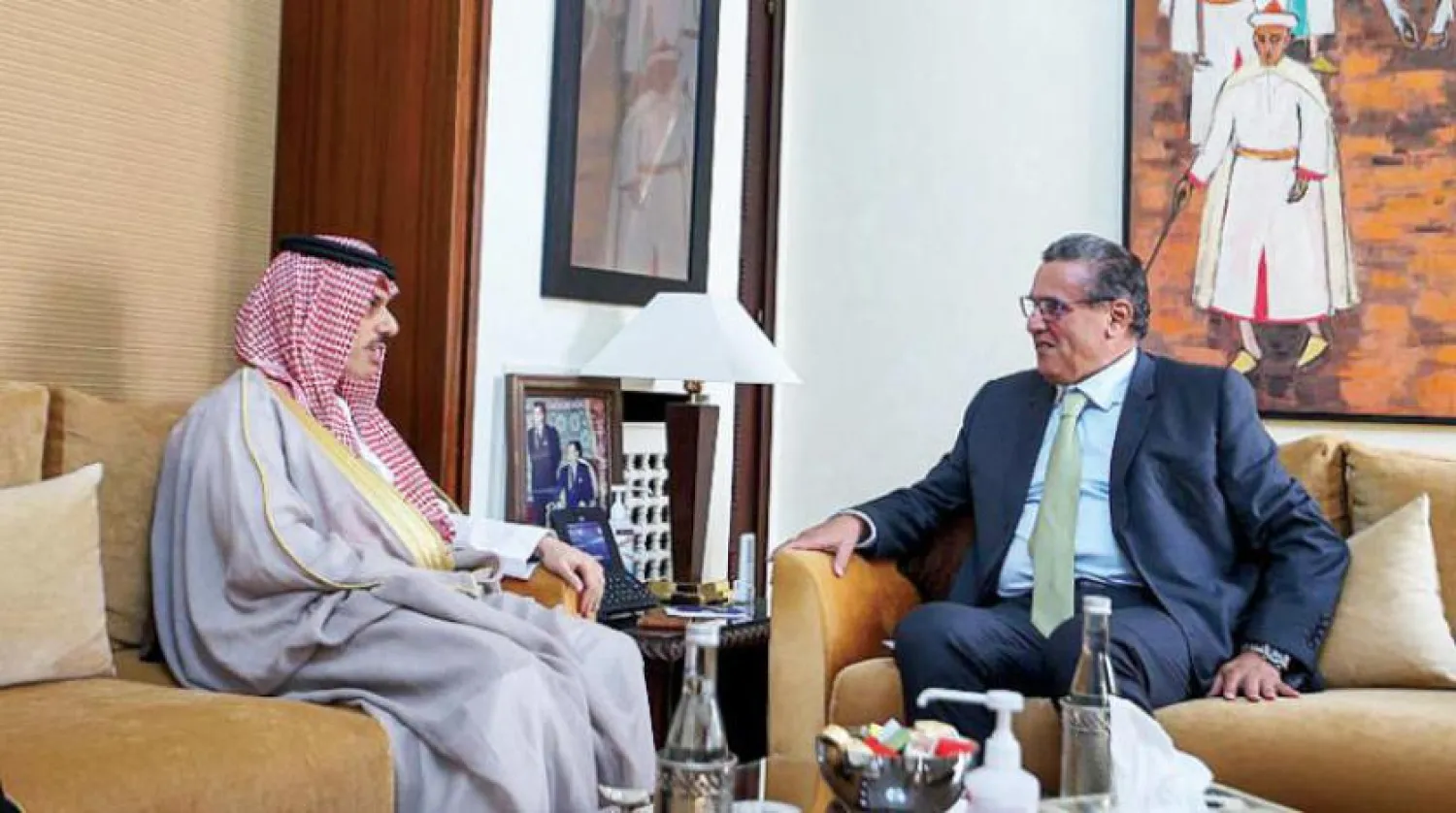Saudi Foreign Minister Prince Faisal bin Farhan bin Abdullah meets with Moroccan Prime Minister Aziz Akhannouch. (SPA) 