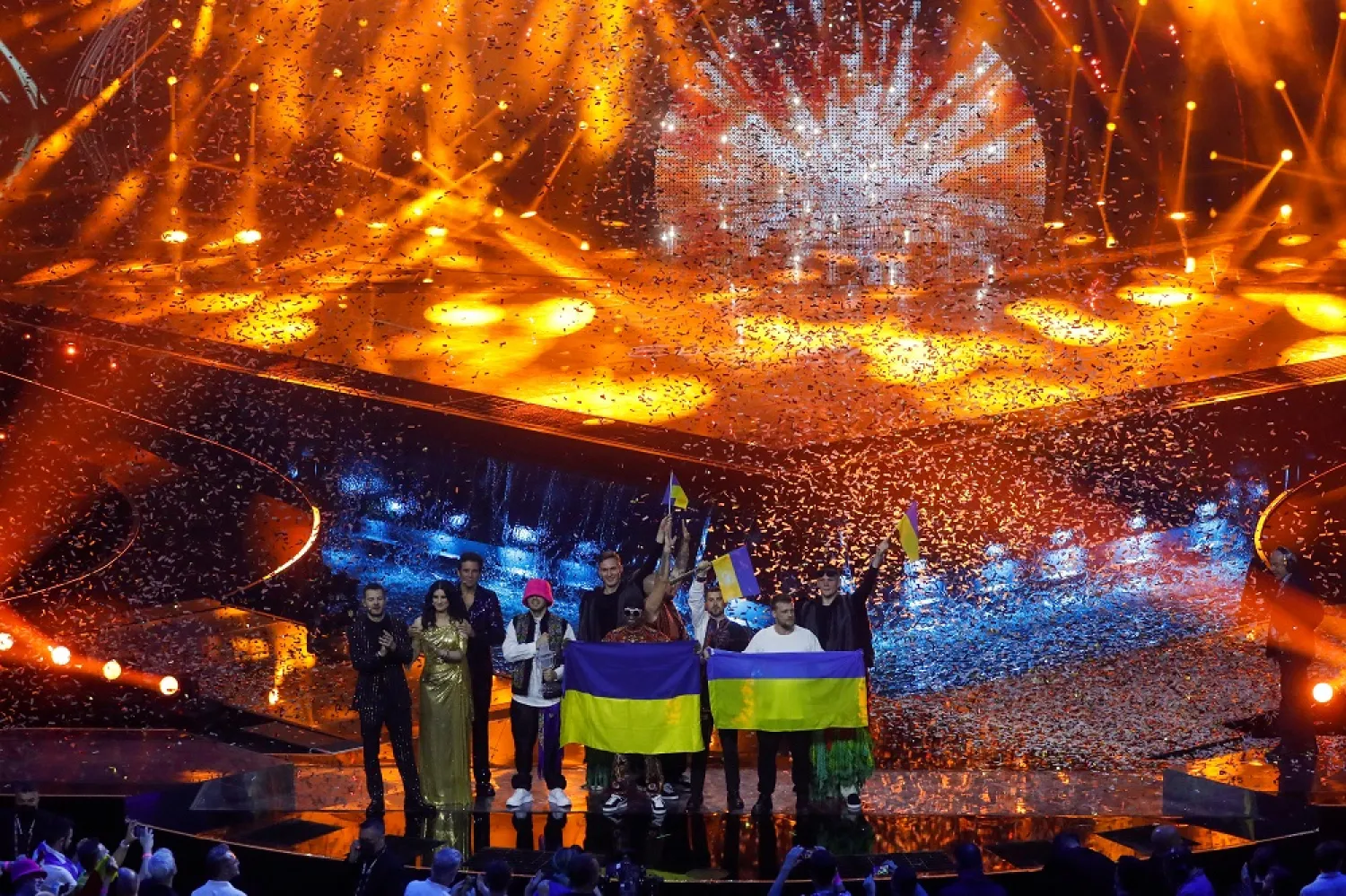 Kalush Orchestra from Ukraine appear on stage after winning the 2022 Eurovision Song Contest in Turin, Italy, May 15, 2022. (Reuters)