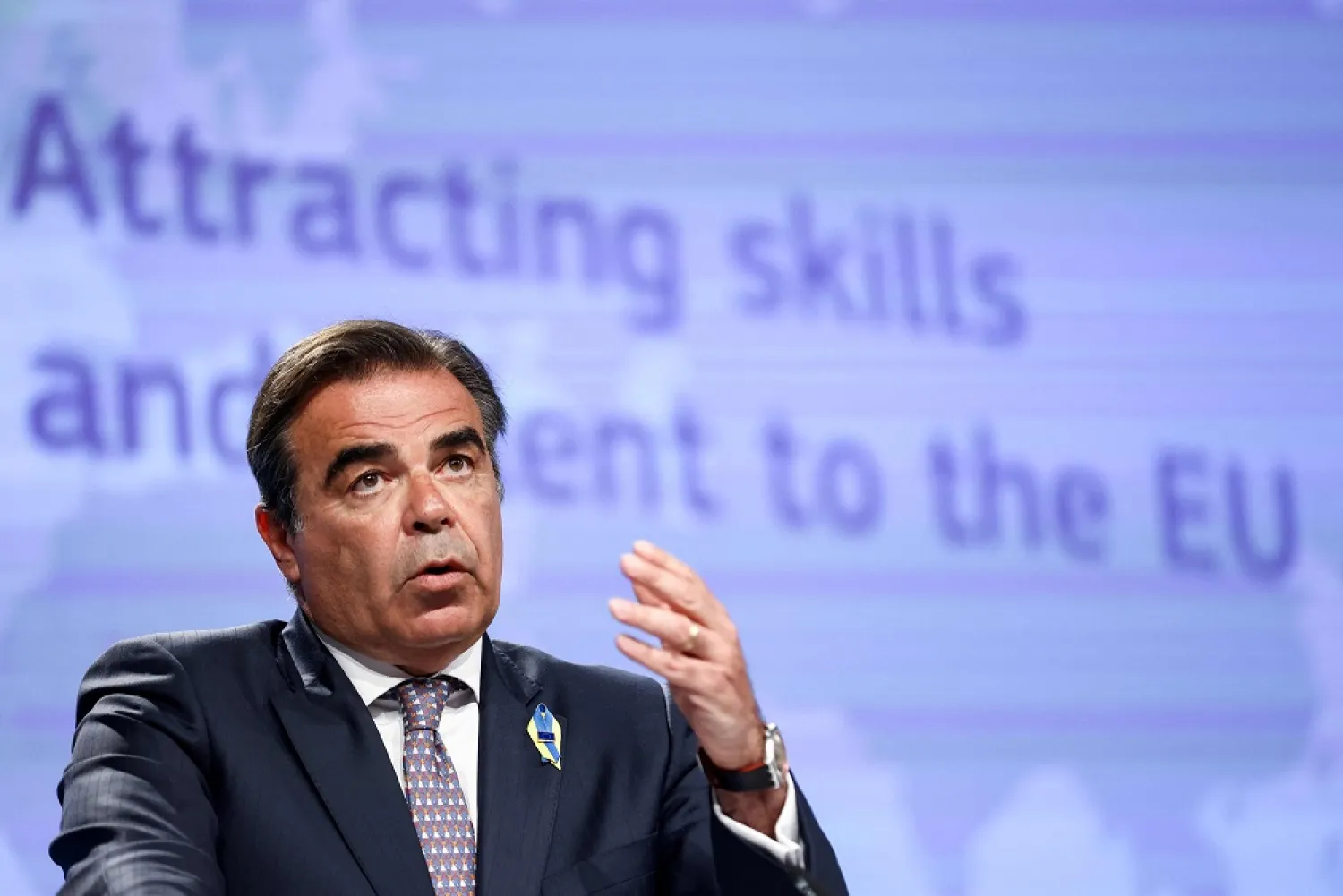 European Commission Vice-President in charge of Promoting our European Way of Life Margharitis Schinas gives a press conference on a legal migration package focused on skills and talents at the EU headquarters in Brussels on April 27, 2022. (AFP) 