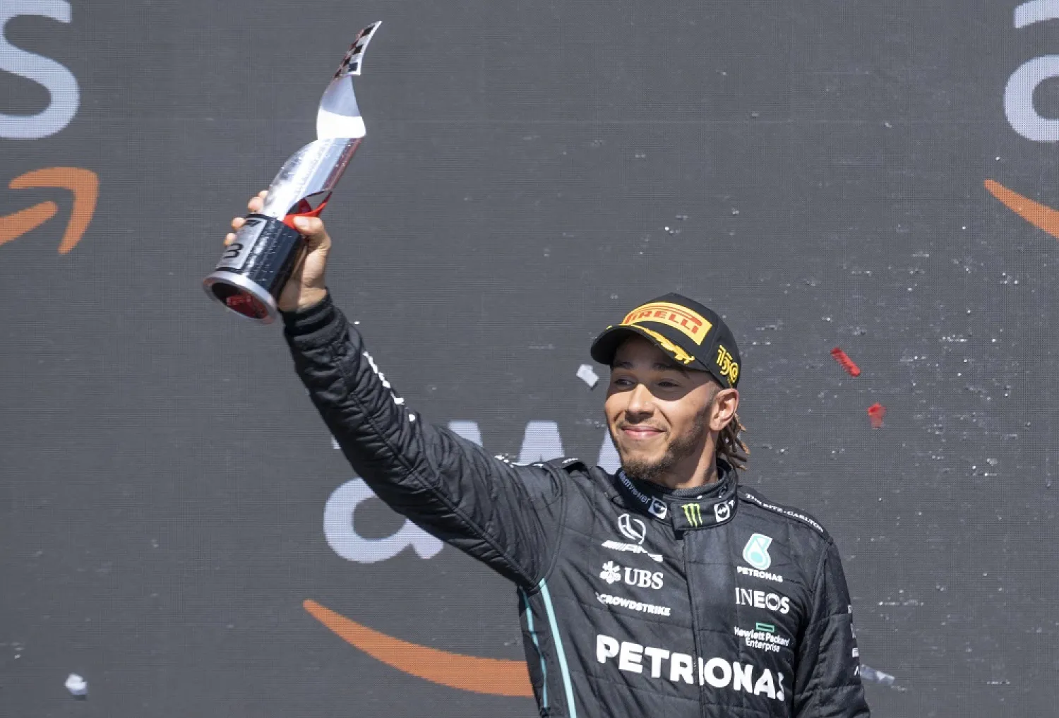 19 June 2022, Canada, Montreal: Third-placed British F1 driver Lewis Hamilton of team Mercedes celebrates after the 2022 Canadian Grand Prix at Circuit Gilles-Villeneuve in Montreal. (dpa)