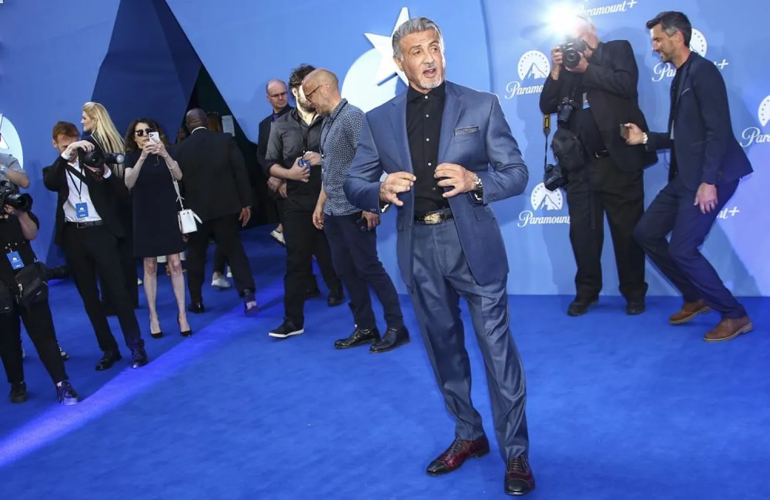 Sylvester Stallone poses for photographers upon arrival at the UK launch of the streaming site Paramount +, in London, Monday, June 20, 2022. (AP)