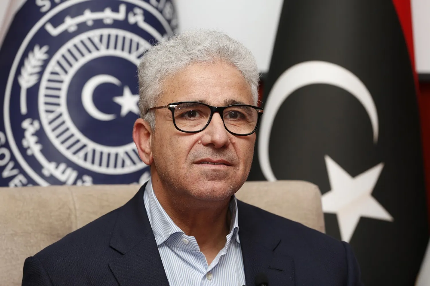 Libya's parliament-appointed Prime Minister Fathi Bashagha gives an interview to The Associated Press, in Sirte, Libya, Wednesday, May 25, 2022. (AP)
