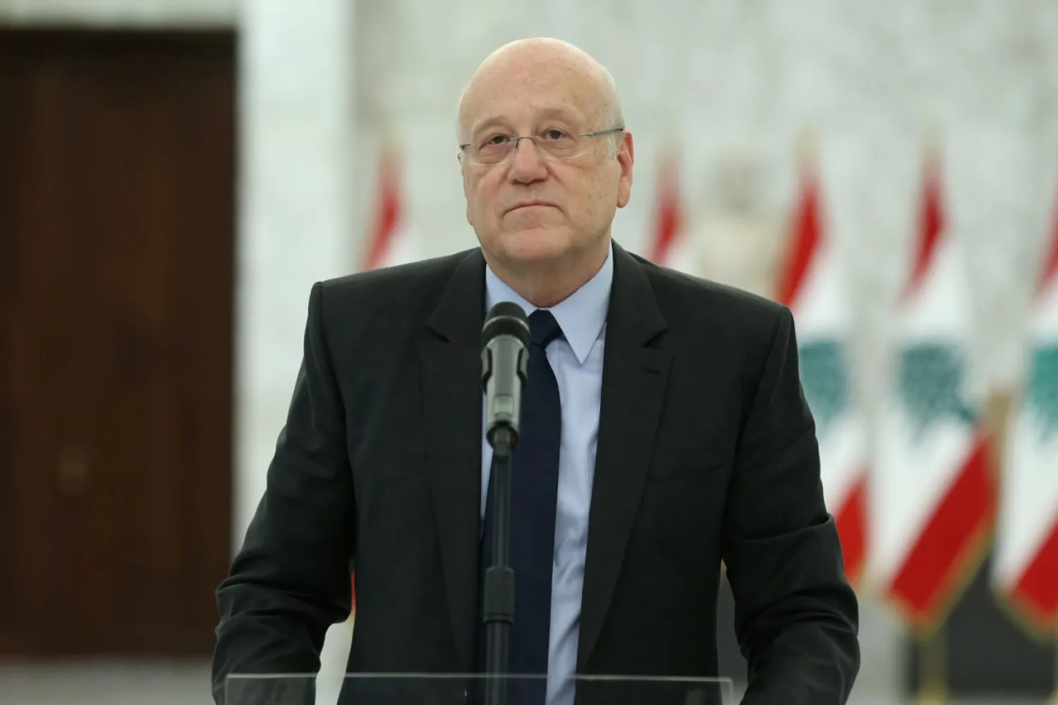 Lebanon’s Prime Minister Najib Mikati speaks after meeting with President Michel Aoun, at the presidential palace in Baabda, Lebanon August 16, 2021. Dalati Nohra/Handout via REUTERS