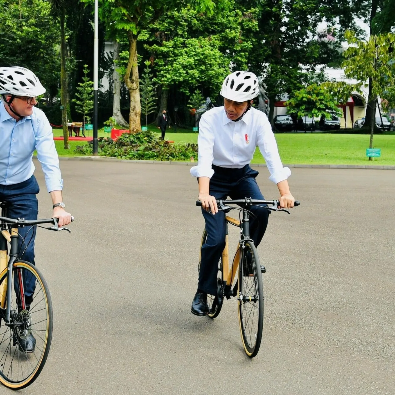 Indonesian President Joko Widodo (R) presented new Australian Prime Minister Anthony Albanese with a bamboo bike. LAILY RACHEV PRESIDENTIAL PALACE/AFP/File
