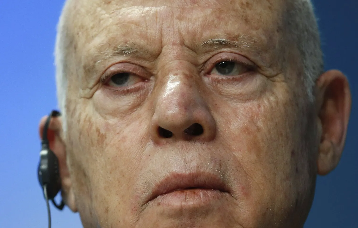 Tunisia's President Kais Saied speaks during a media conference at an EU Africa summit in Brussels, Friday, Feb. 18, 2022. (AP)