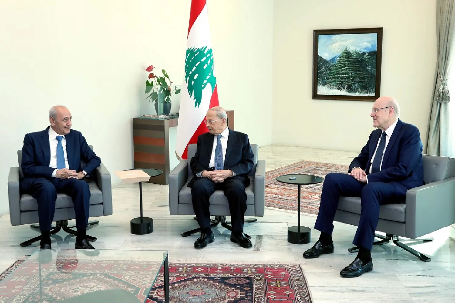 Lebanon's President Michel Aoun (C) meeting with parliament speaker Nabih Berri and Prime Minister-designate Najib Mikati (R) at the presidential palace in Baabda, east of the capital Beirut, on June 23, 2022. (Dalati & Nohra)