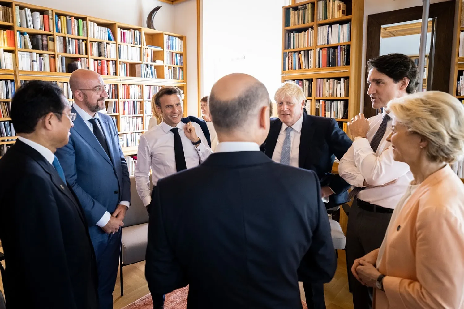 26 June 2022, Bavaria, Elmau: (L-R) Prime Minister of Japan Fumio Kishida, European Union Council President Charles Michel, President of France Emmanuel Macron, German Chancellor Olaf Scholz, UK Prime Minister Boris Johnson, Prime Minister of Canada Justin Trudeau, and European Union Commission President Ursula von der Leyen gather at the holding room of Schloss Elmau ahead of the official welcome ceremony of the G7 Summit. (Federal Government/Bundesregieru via PA Media/dpa)
