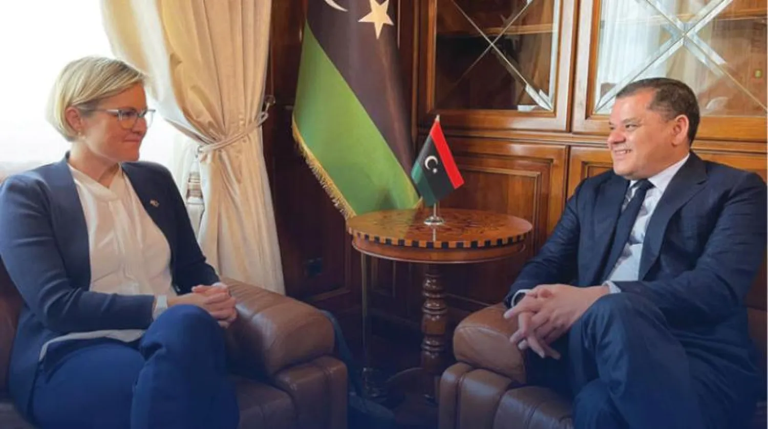 Libyan outgoing Prime Minister, Abdul Hamid Dbeibeh, with the British ambassador Caroline Hurndall (Media office of Libyan Gov) 
