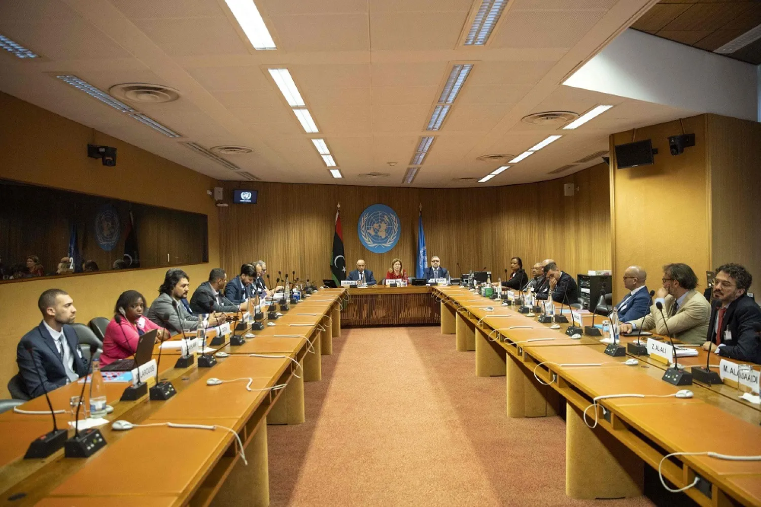 (Center, LtoR) Speaker of Libyan House of Representatives (HoR) Aguila Saleh, United Nations Special Adviser on Libya Stephanie Williams and President of Libya's High State Council of State (HSC) Khaled al-Mishri give a press conference after a high-level meeting on Libya Constitutional track at the United Nations in Geneva, on June 28, 2022. (AFP)