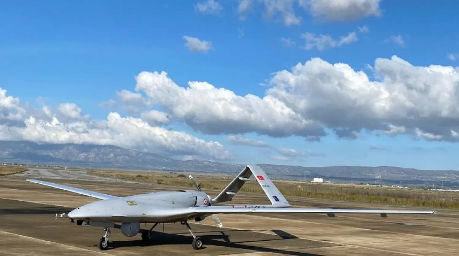 A Turkish-made Bayraktar TB2 drone is seen shortly after its landing at an airport in Gecitkala, known as Lefkoniko in Greek, in Cyprus, Monday, Dec. 16, 2019. (AP)
