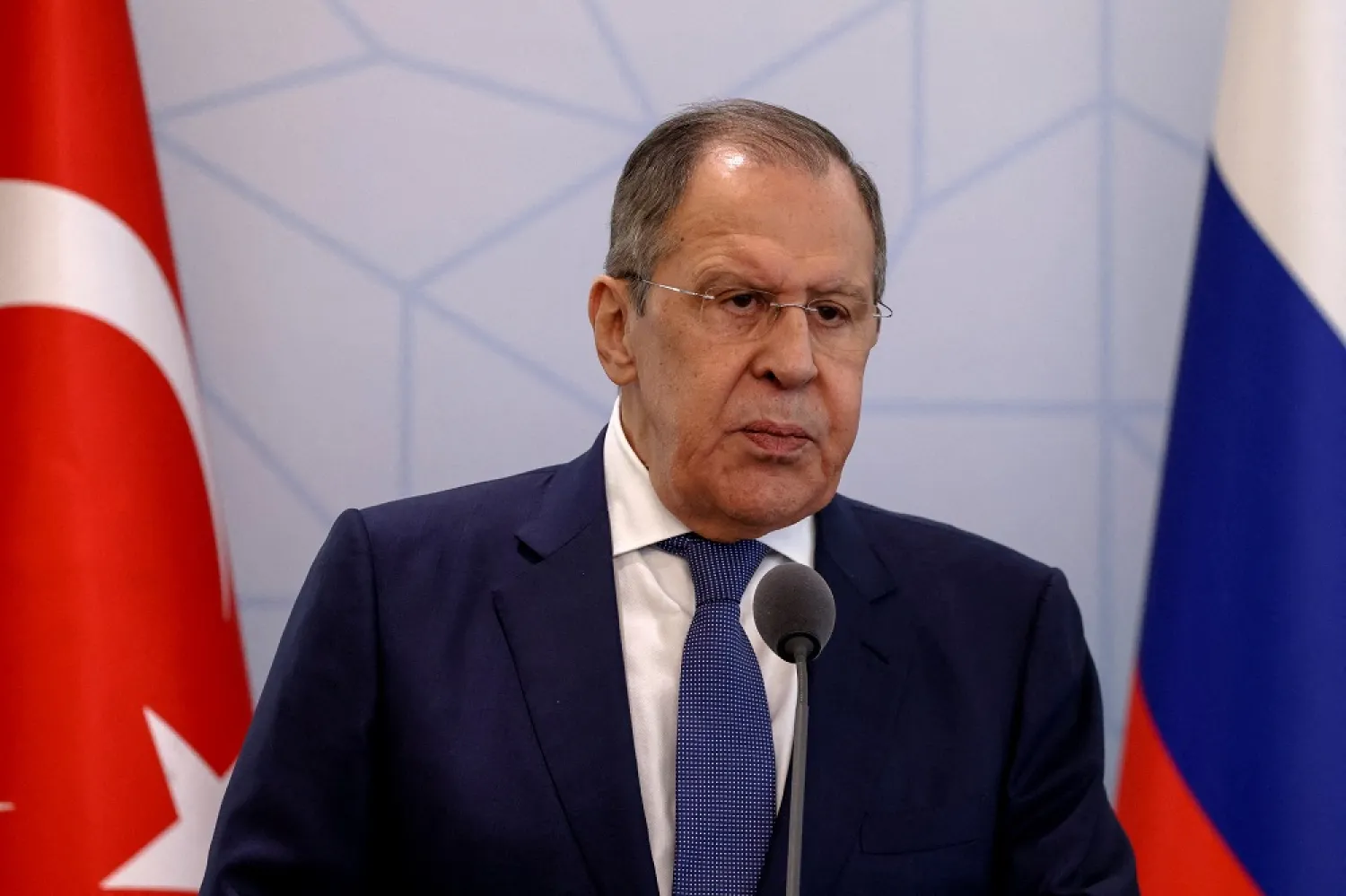Russian Foreign Minister Sergei Lavrov attends a news conference as he meets with Turkish Foreign Minister Mevlut Cavusoglu in Ankara, Turkey June 8, 2022. (Reuters)