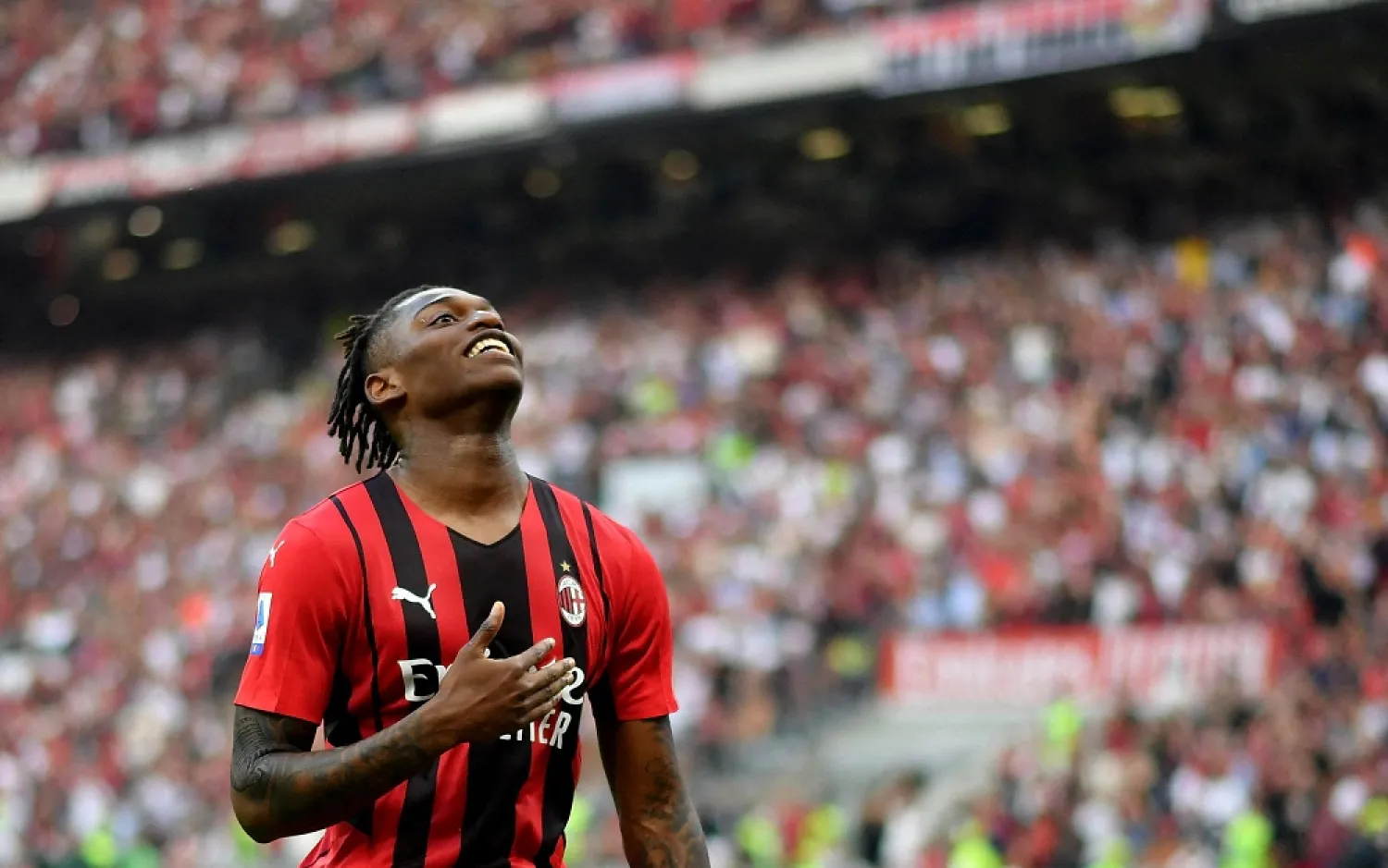 Football - Serie A - AC Milan v Atalanta - San Siro, Milan, Italy - May 15, 2022 AC Milan's Rafael Leao celebrates scoring their first goal. (Reuters)
