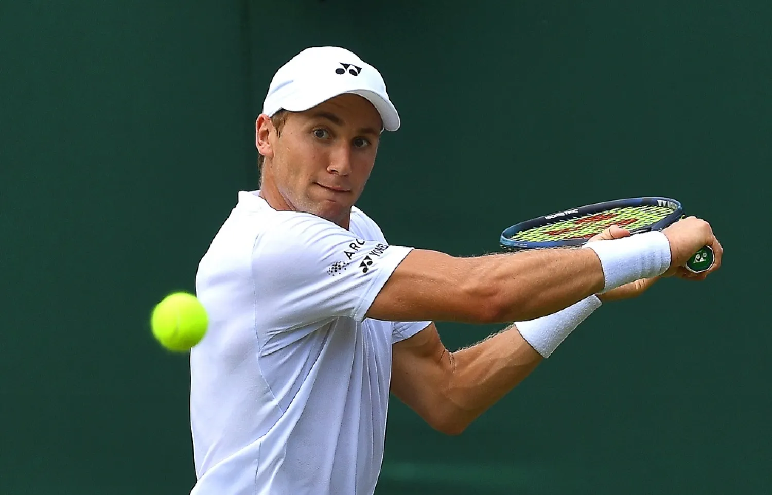 Casper Ruud of Norway in action during the men's second round match against Ugo Humbert of France at the Wimbledon Championships in Wimbledon, Britain, 29 June 2022. (EPA)