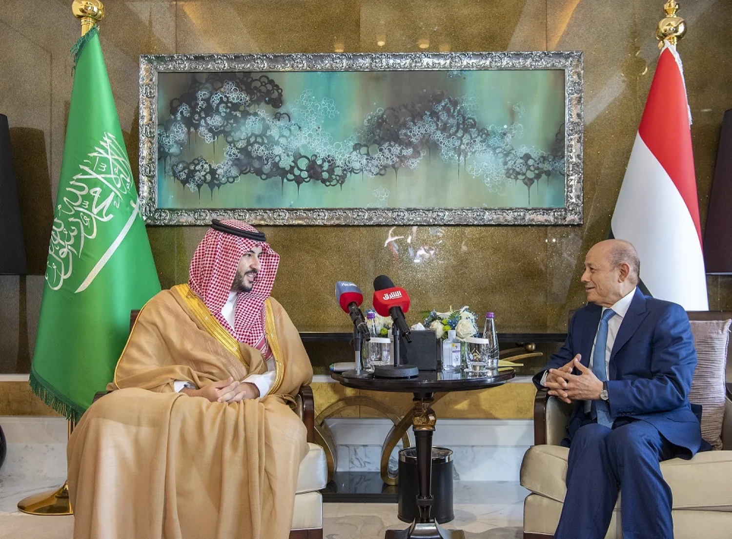 Saudi Deputy Defense Minister Prince Khalid bin Salman meets with Chairman of the Yemeni Presidential Leadership Council Dr. Rashad Al-Alimi in Riyadh. (Prince Khalid bin Salman via Twitter)