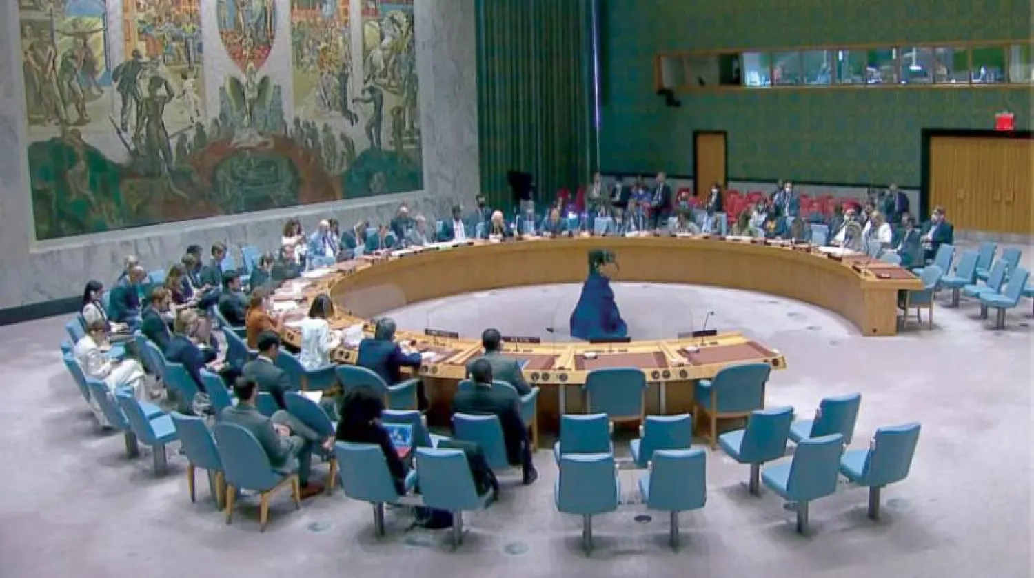 Screenshot from a live broadcast of the UN Security Council meeting, Asharq Al-Awsat