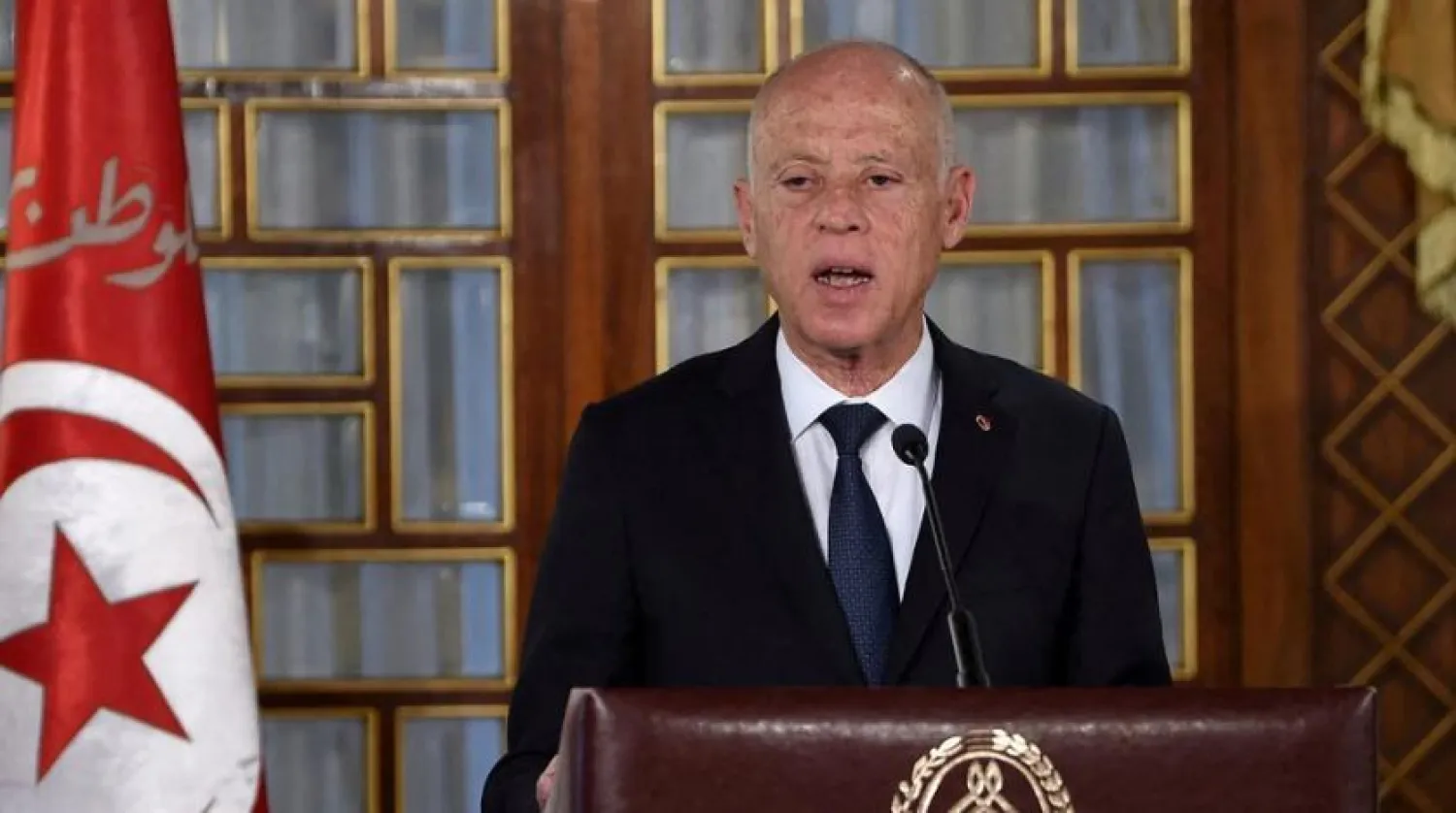 Tunisia's President Kais Saied gives a speech at the government's swearing-in ceremony at the Carthage Palace outside the capital Tunis, Tunisia February 27, 2020. (Reuters)
